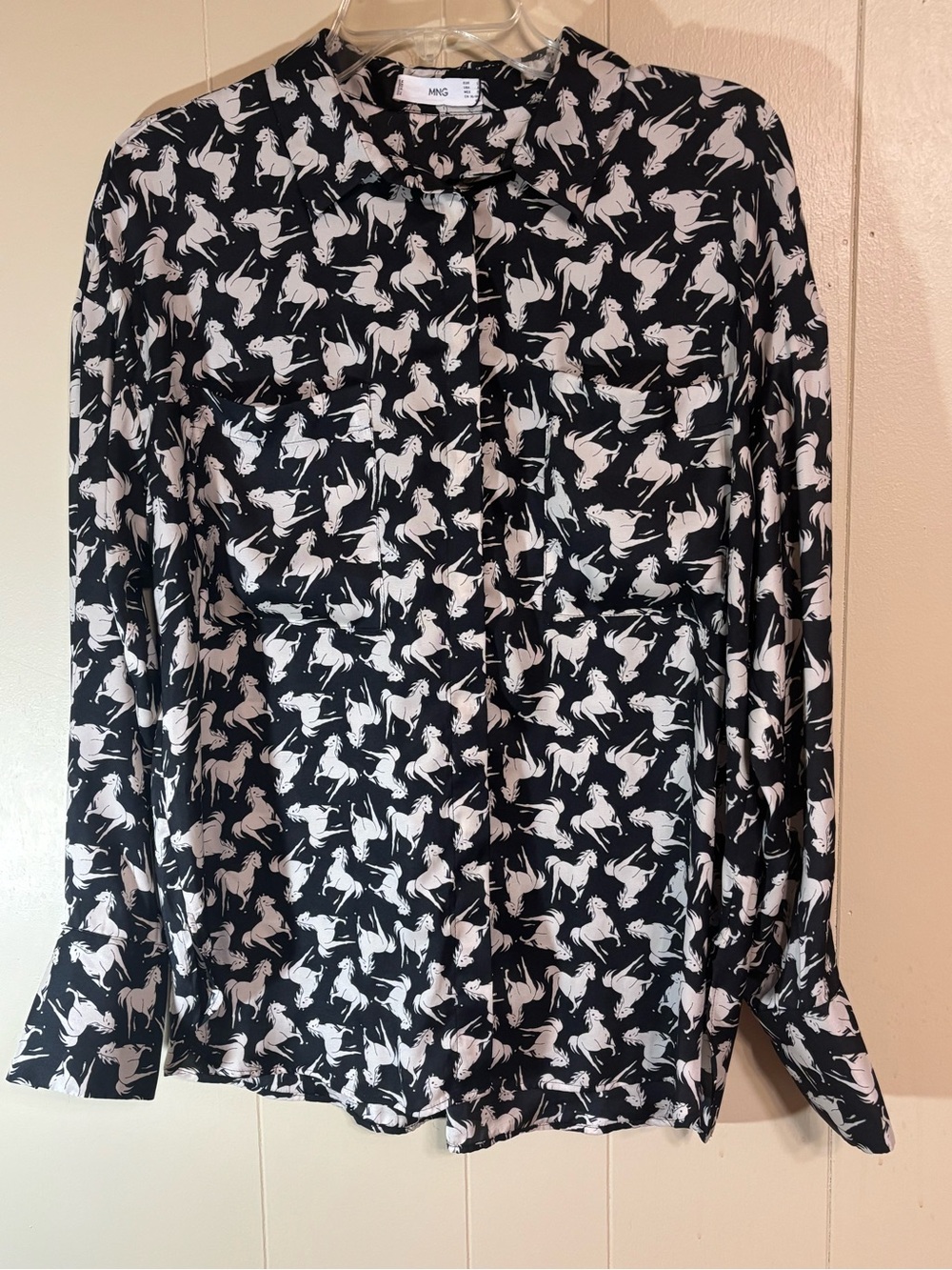 Black and White Horse-Print Button-Down Blouse
